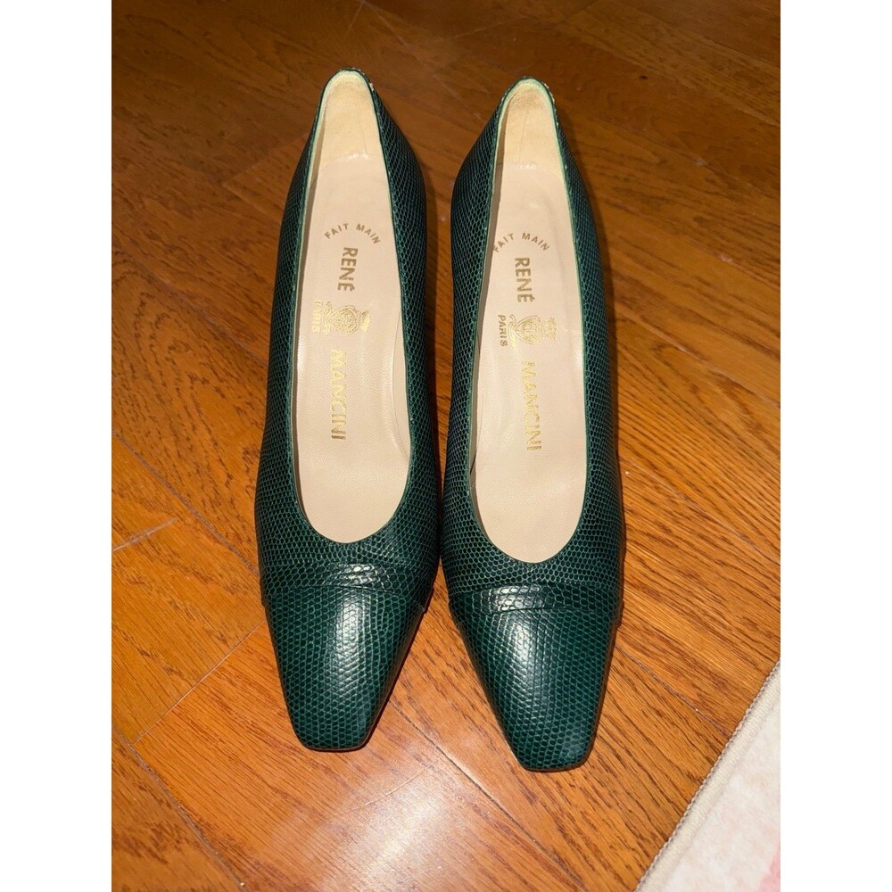 Vintage Rene Mancini Paris Emerald Green Embossed Leather Pumps EU 39